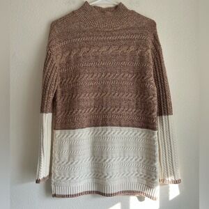 NWT Talbots Brown Cream Cable Knit Mock Neck Cotton Sweater XS Colorblock